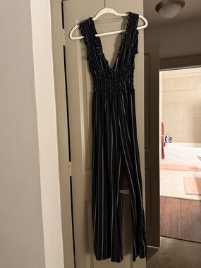 miami Black & White Striped Smocked Wide-Leg Jumpsuit
